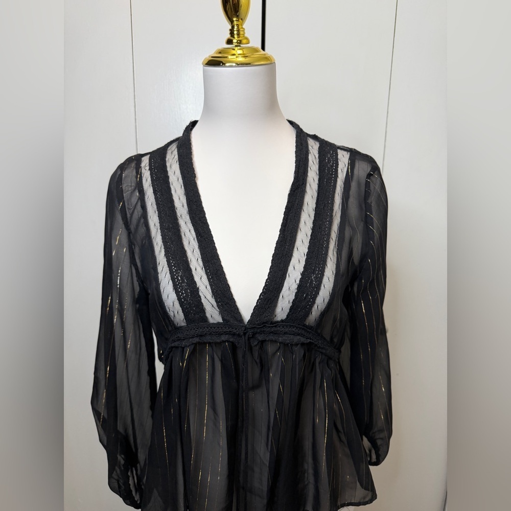 Zara Black Sheer Blouse with Gold Accents - Picture 2 of 10